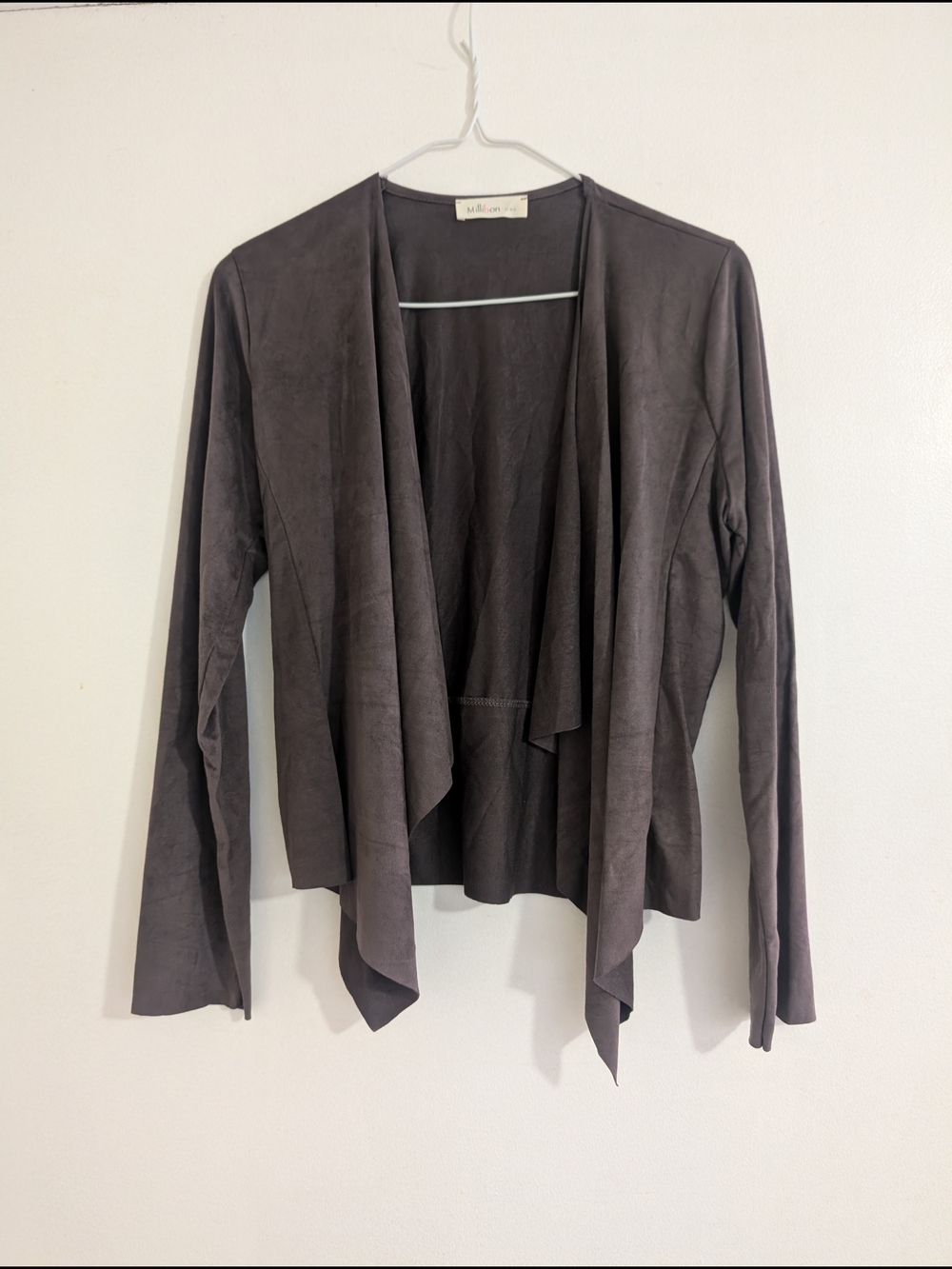 Millibon Faux Suede Draped Open Front Jacket Cardigan Boho Chic Minimalist